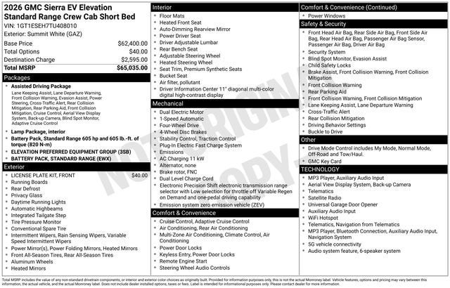 2026 GMC Sierra EV Elevation Standard Range