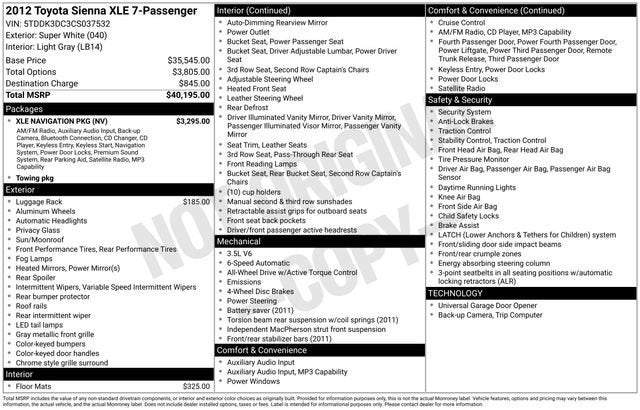 2012 Toyota Sienna XLE 7 Passenger